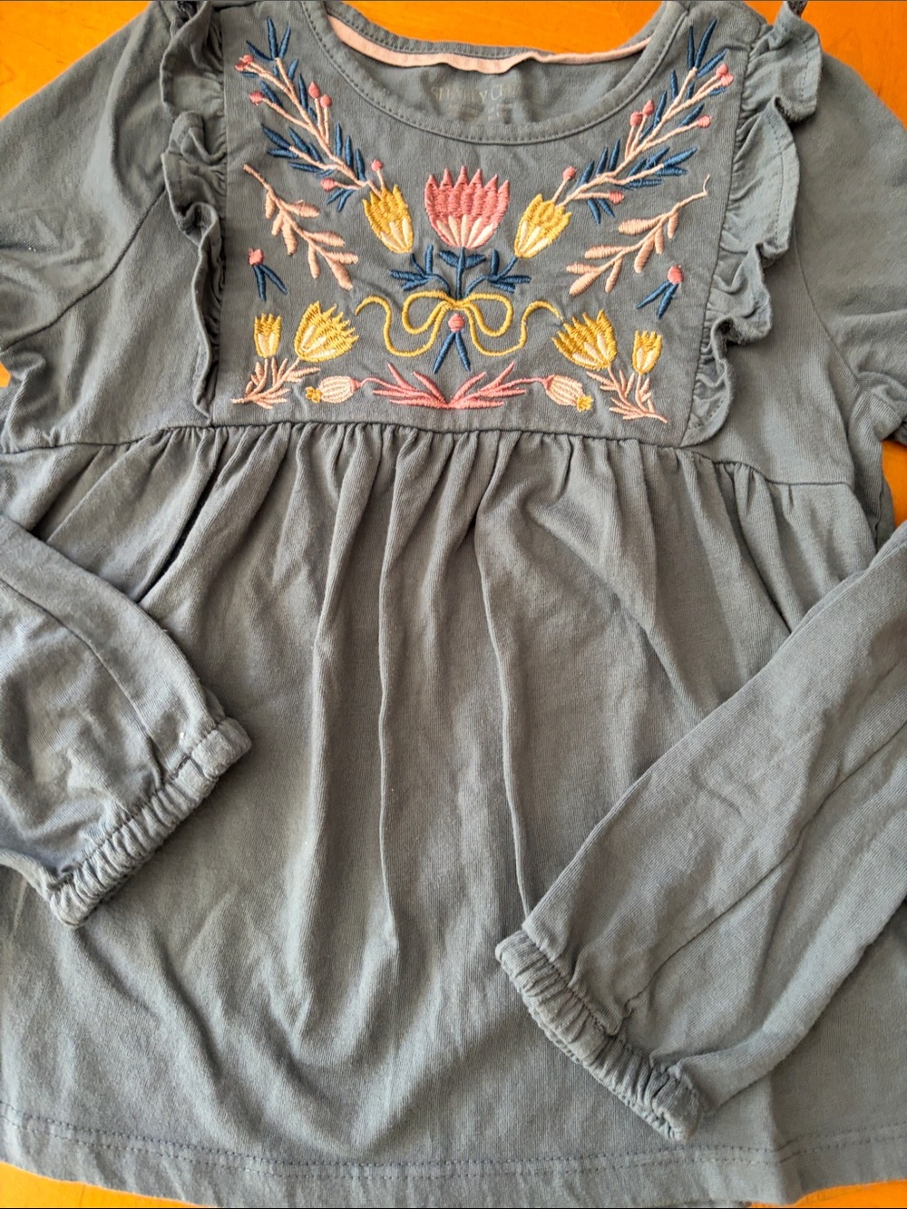 Shabby Chic Slate Blue Embroidered Ruffle-Yoke Tunic